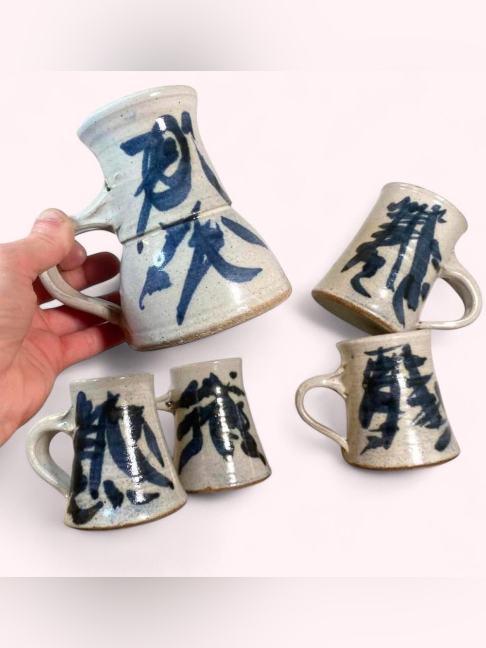 Hand-Painted Ceramic Mug with Blue Calligraphy - White